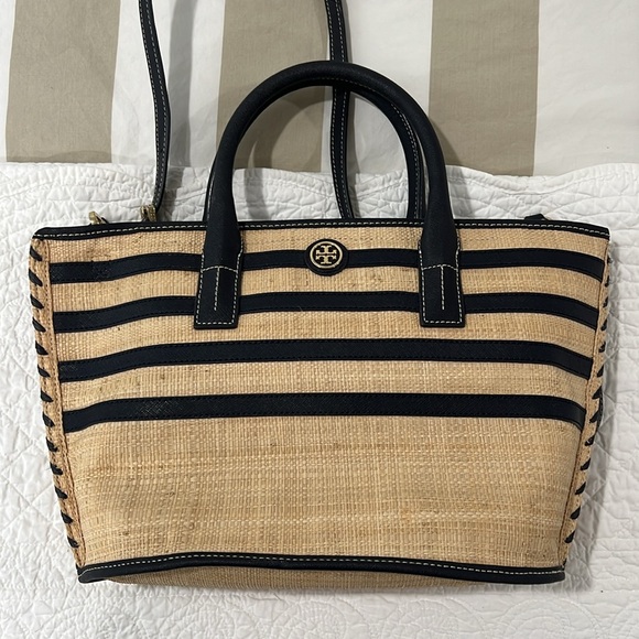 Tory Burch Mini Straw Tote with Leather Strap - Picture 4 of 15